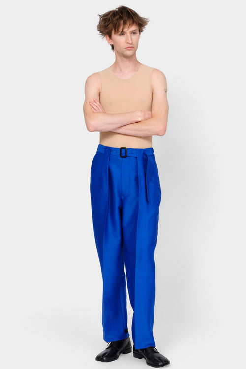 BELTED TAILORED TROUSERS in blue wool-silk mix