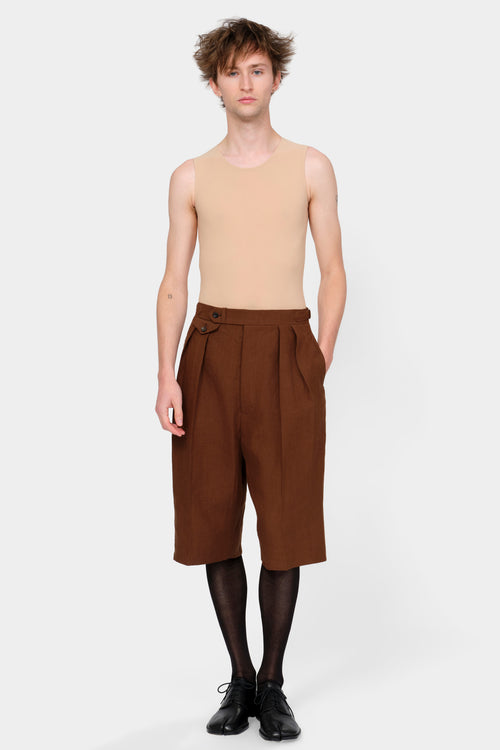 DOUBLE-PLEATED SHORTS in Irish brown linen
