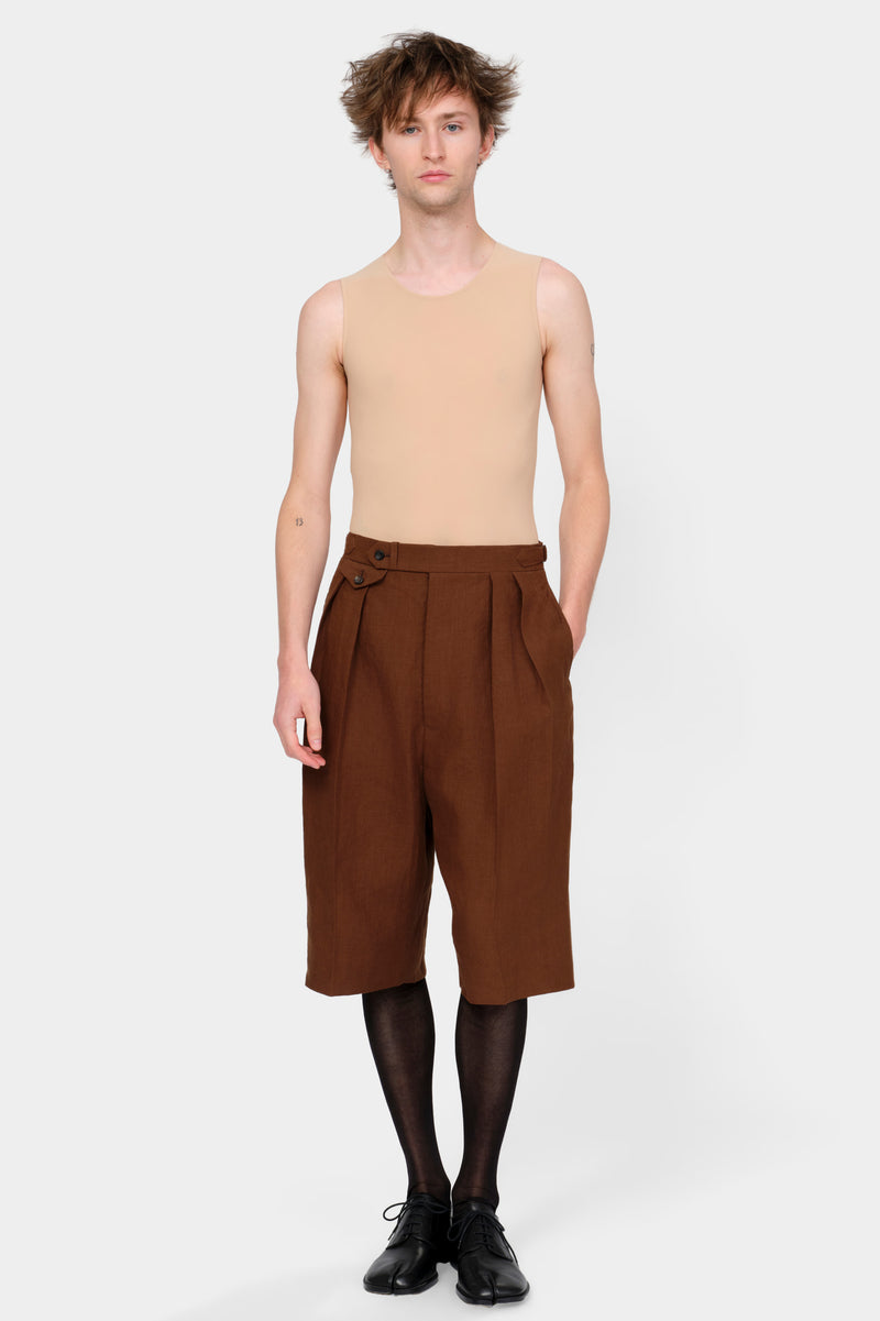 DOUBLE-PLEATED SHORTS in Irish brown linen