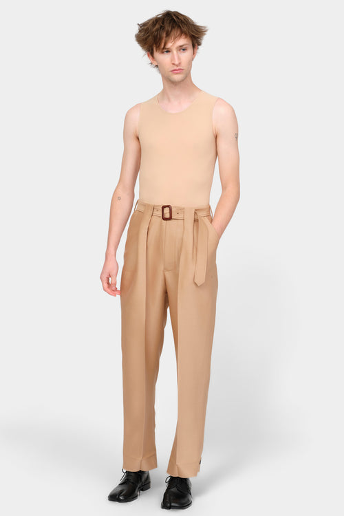 BELTED TAILORED TROUSERS in beige wool-silk mix