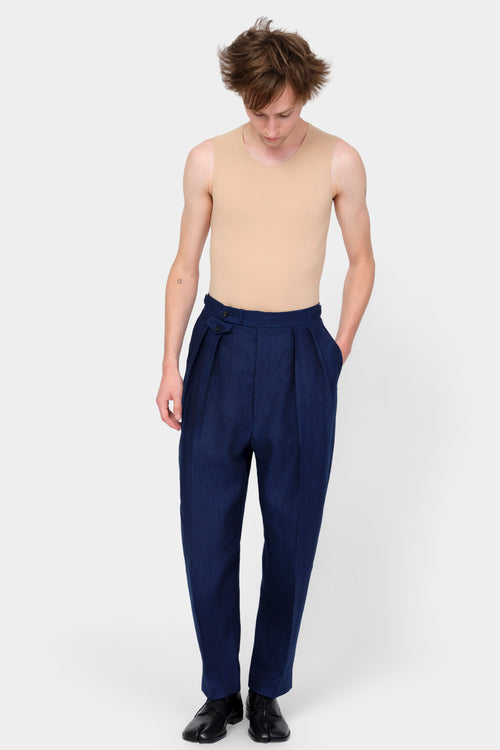 DOUBLE-PLEATED TROUSERS in in indigo linen
