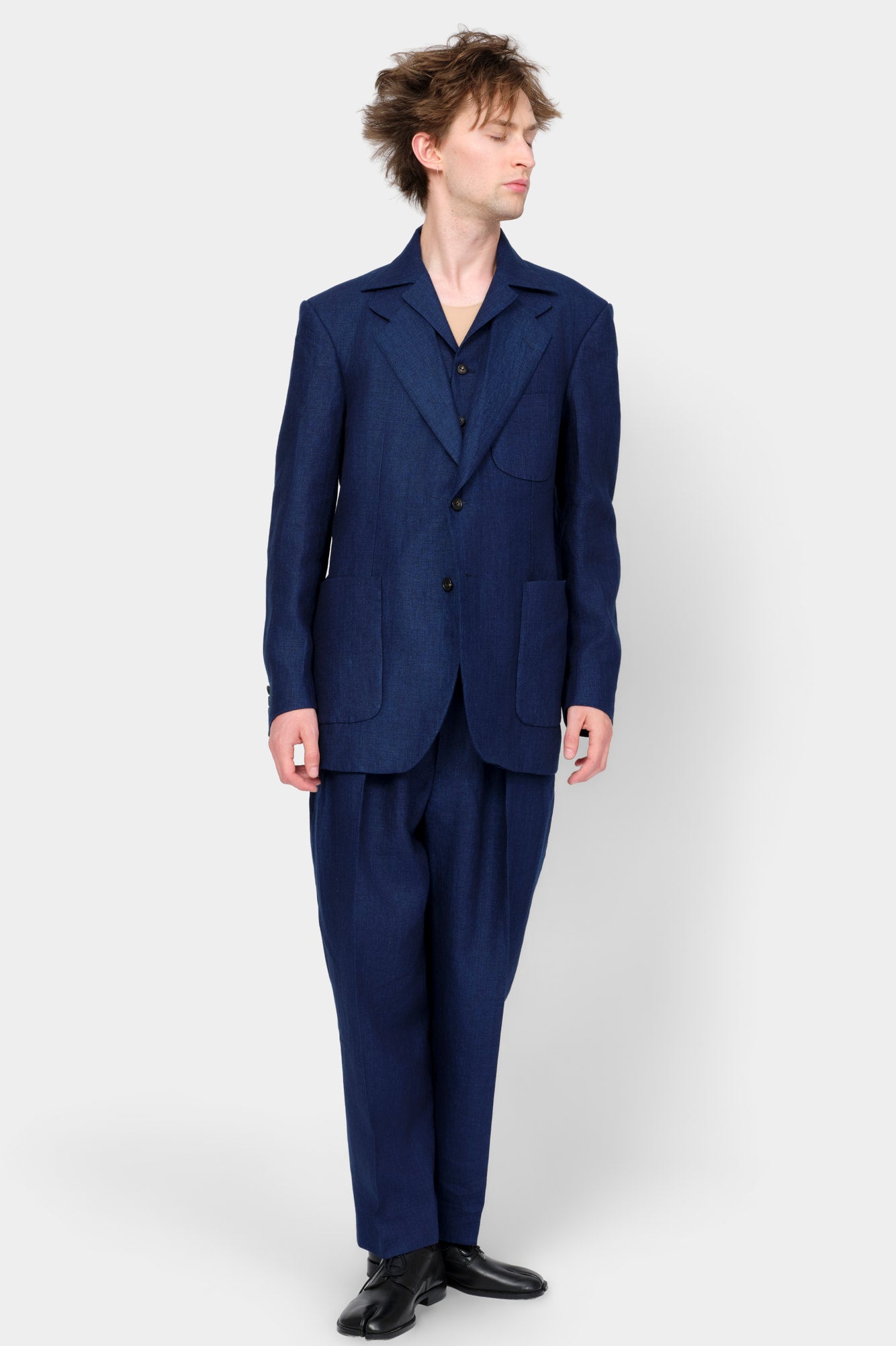 SINGLE-BREASTED JACKET in blue indigo linen