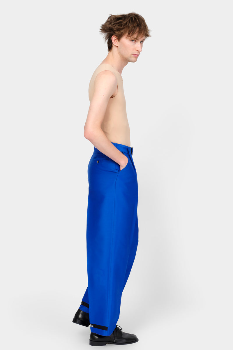 BELTED TAILORED TROUSERS in blue wool-silk mix