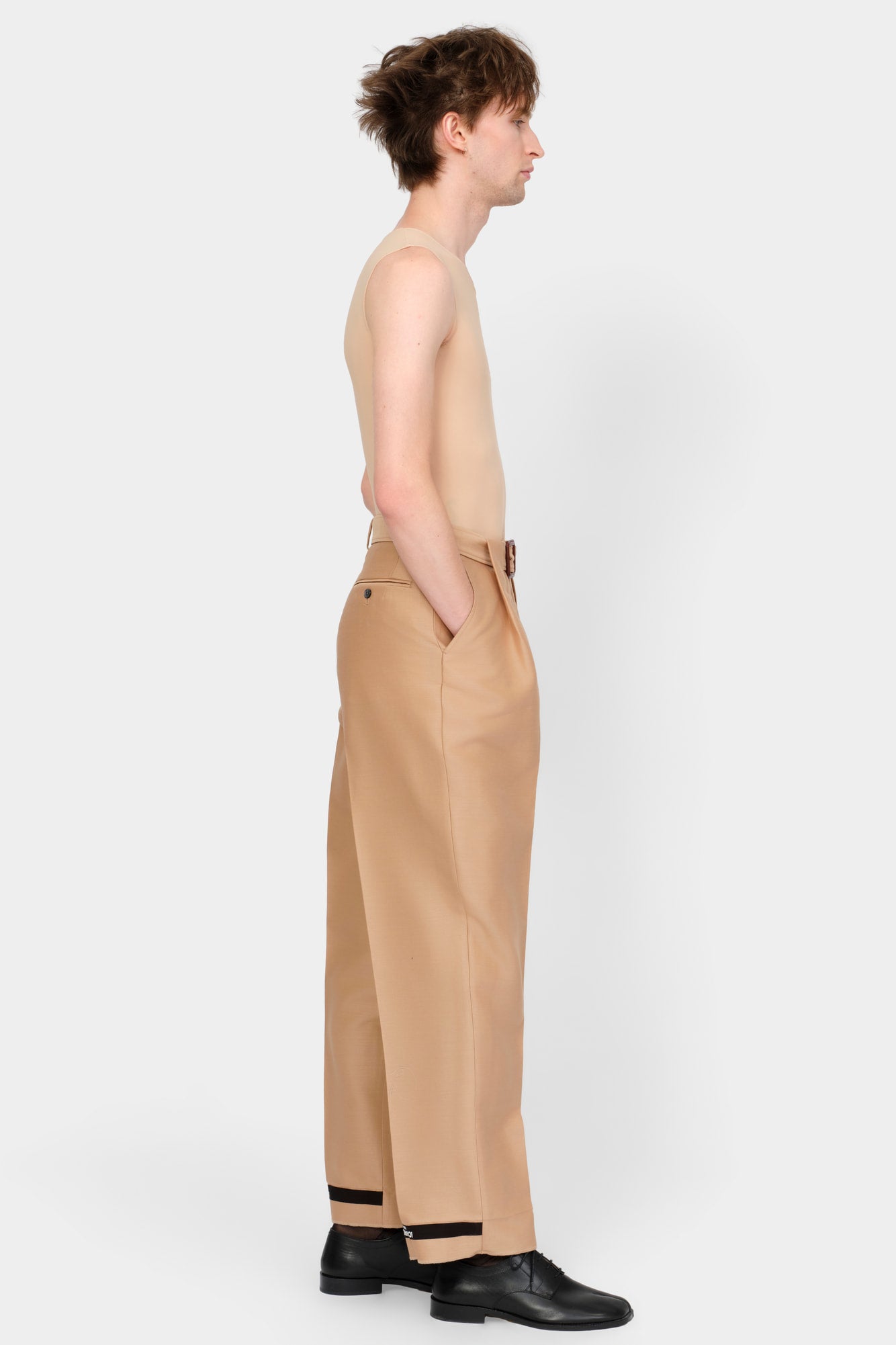 BELTED TAILORED TROUSERS in beige wool-silk mix