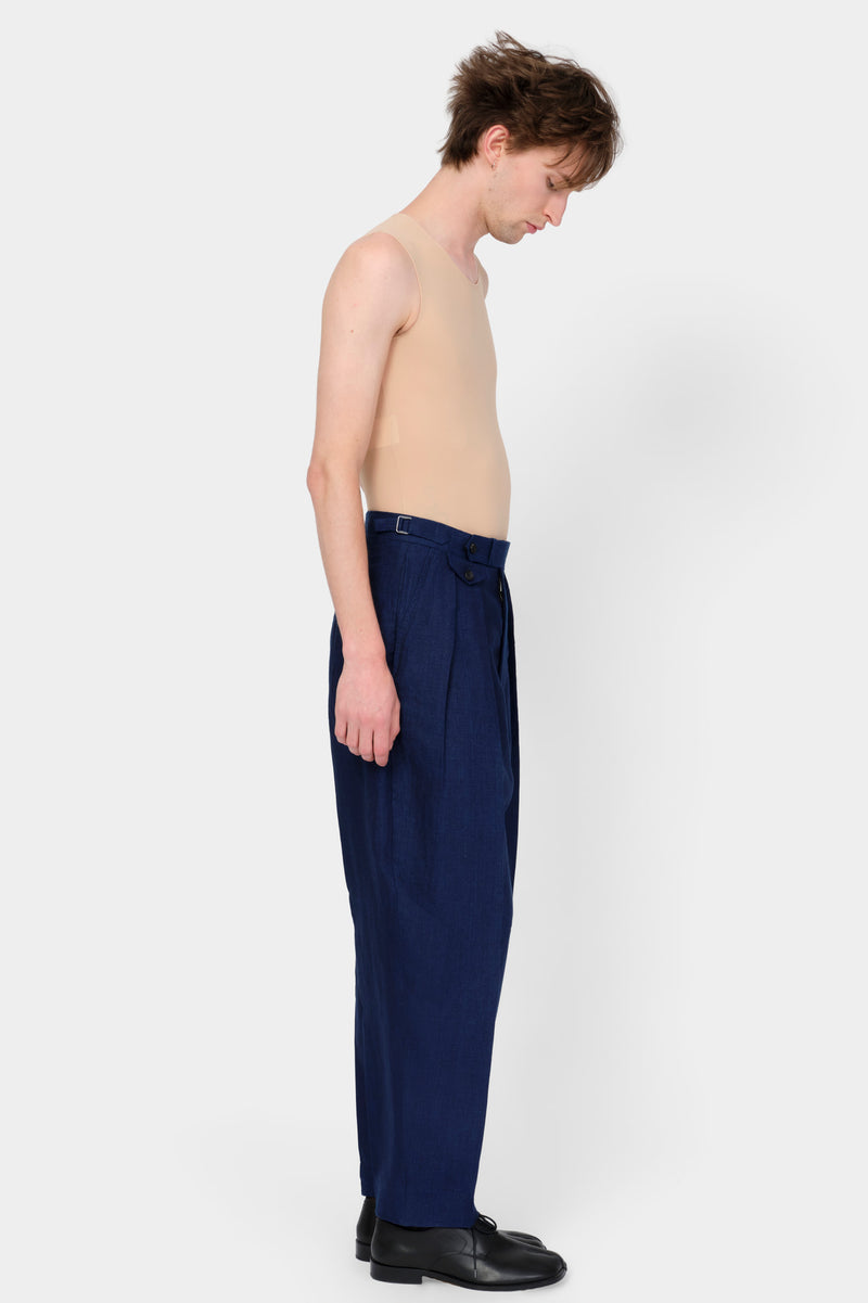 DOUBLE-PLEATED TROUSERS in in indigo linen
