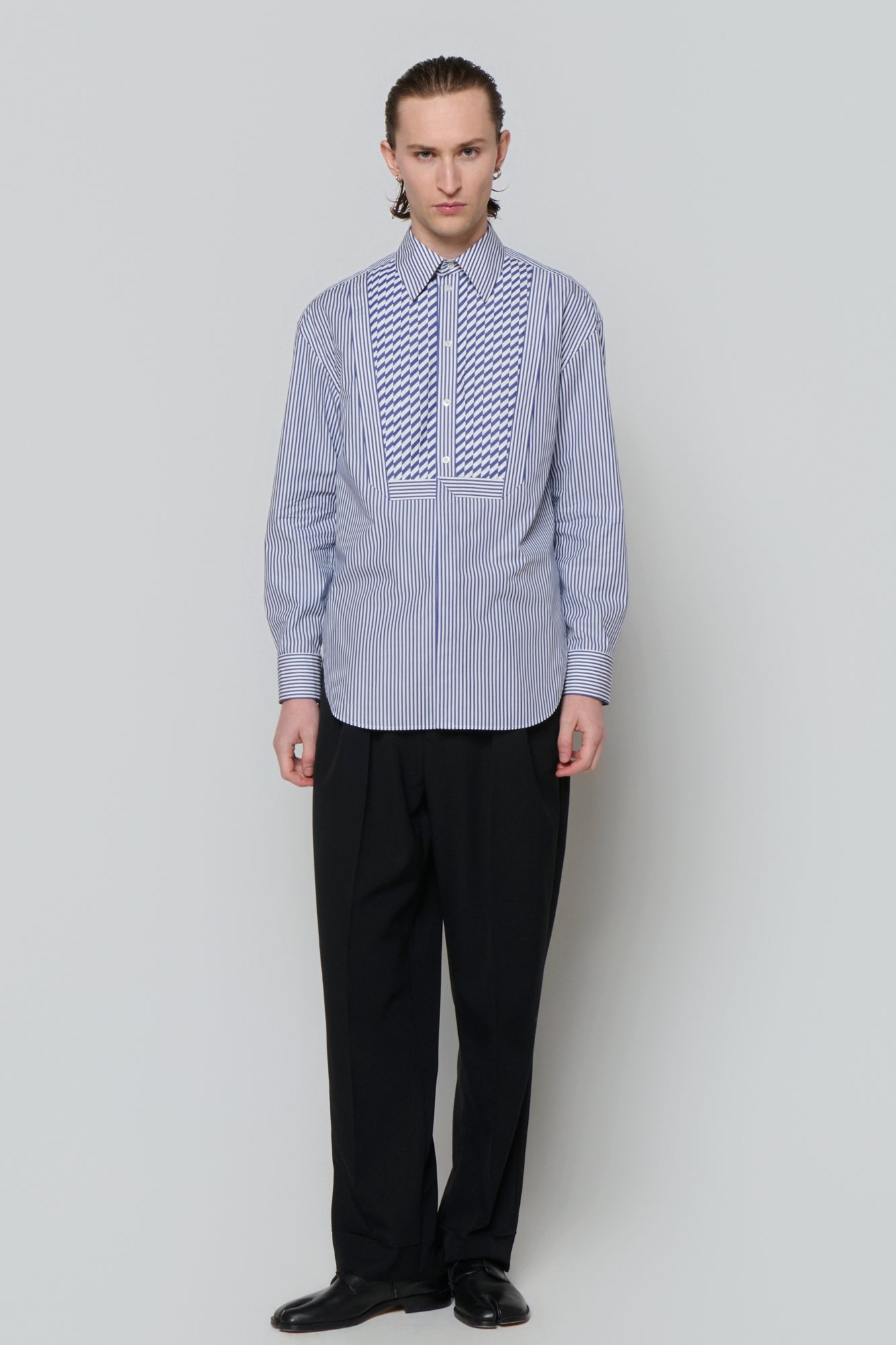 SHIRT WITH PLASTRON in blue / white cotton stripe