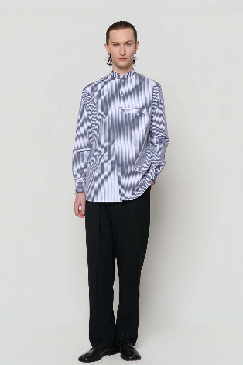 STAND COLLAR SHIRT in blue / white cotton stripe