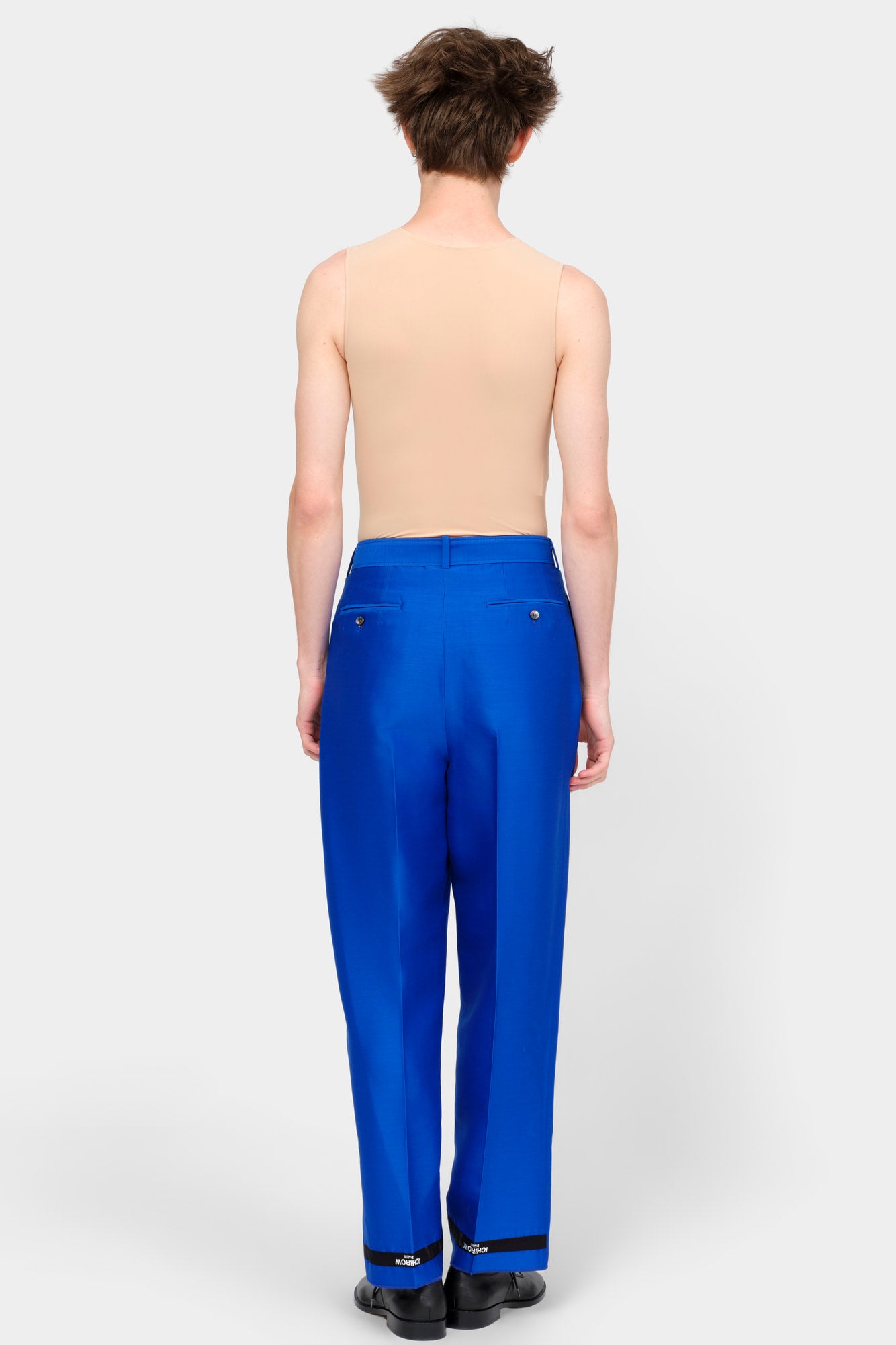 BELTED TAILORED TROUSERS in blue wool-silk mix
