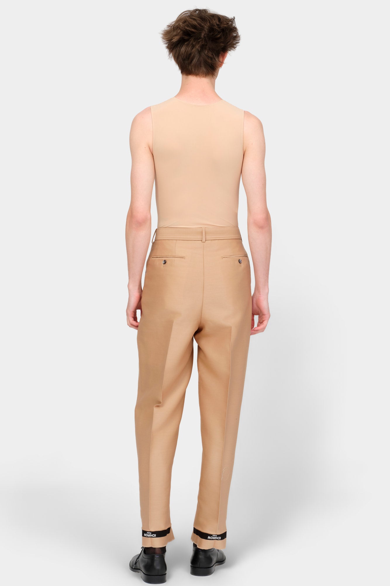 BELTED TAILORED TROUSERS in beige wool-silk mix