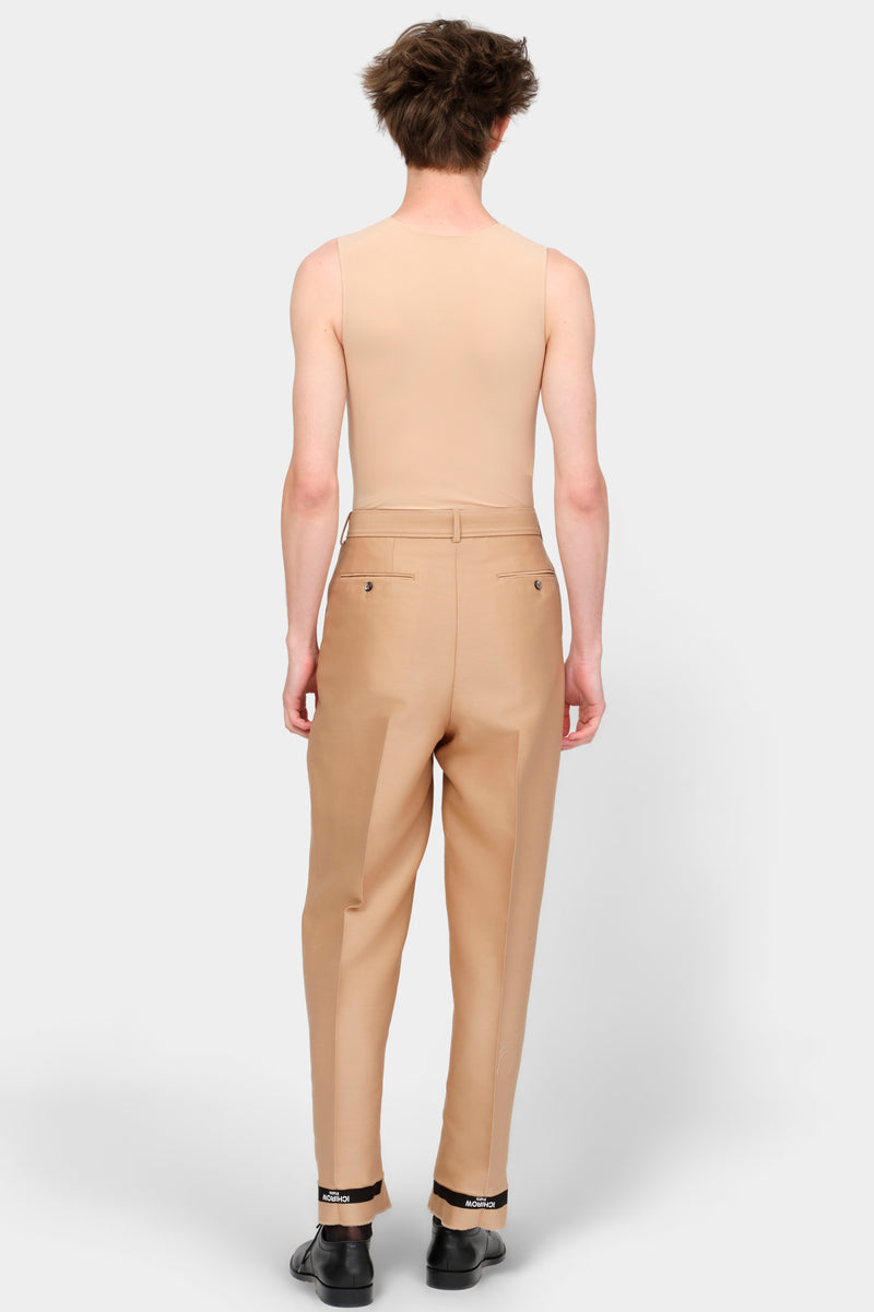 BELTED TAILORED TROUSERS in beige wool-silk mix