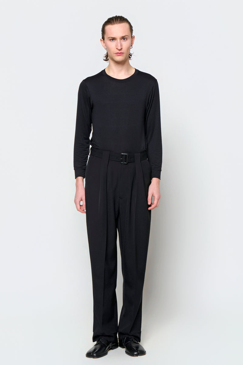 BELTED TAILORED TROUSERS in black wool gabardine