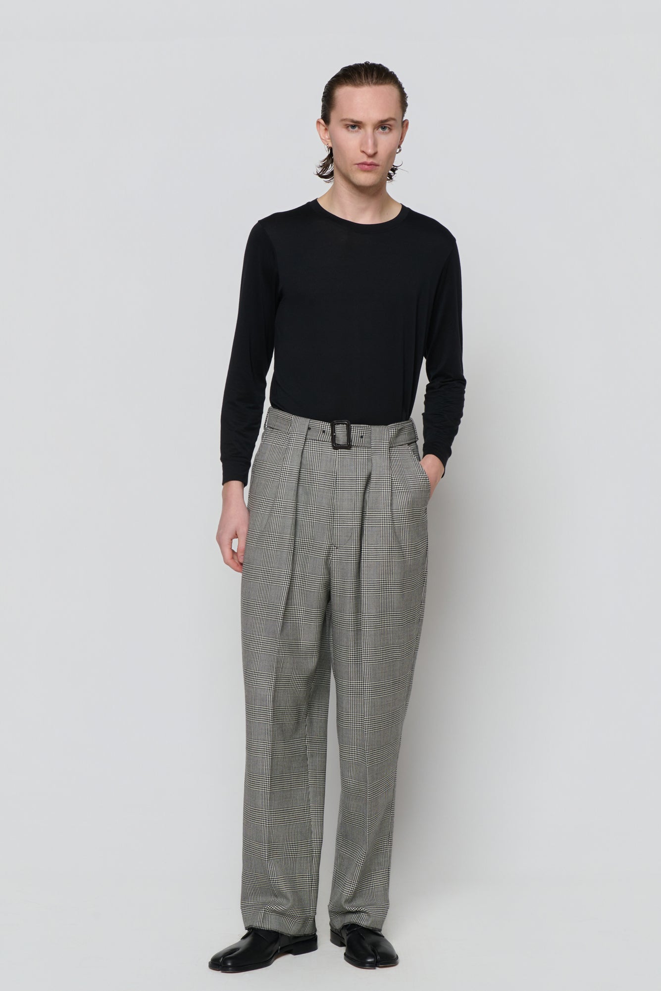 BELTED TAILORED TROUSERS in glencheck worstedWORSTED