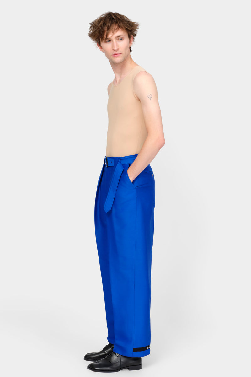 BELTED TAILORED TROUSERS in blue wool-silk mix