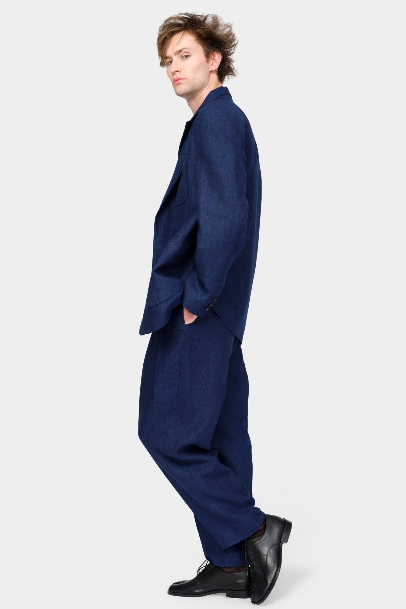 SINGLE-BREASTED JACKET in blue indigo linen