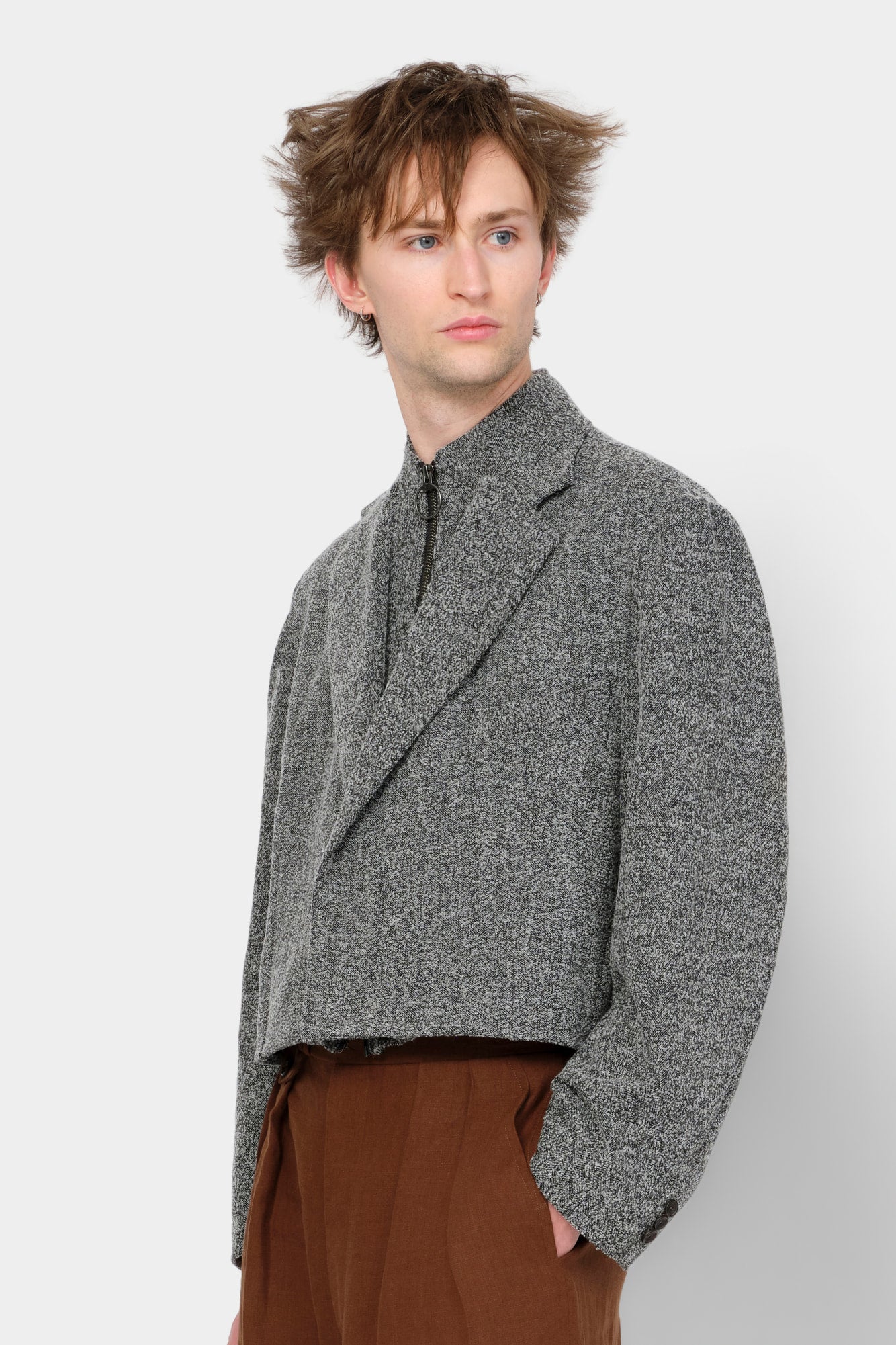 CUT-OFF OVERCOAT in herringbone wool