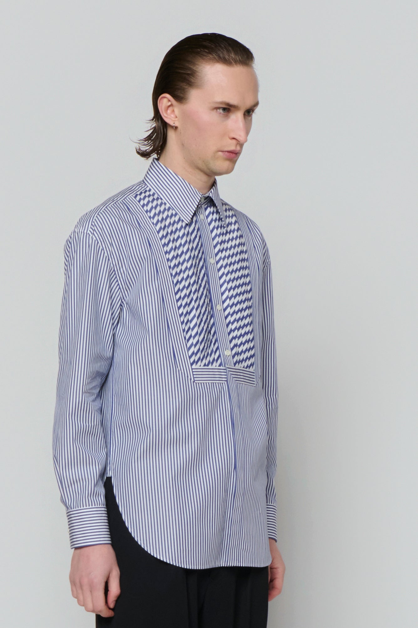 SHIRT WITH PLASTRON in blue / white cotton stripe