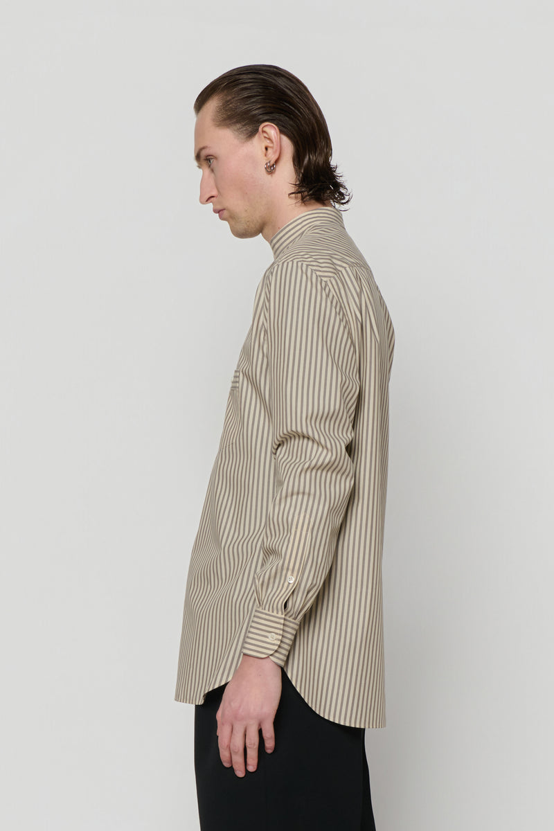 STAND COLLAR SHIRT in beige / grey cotton stripe