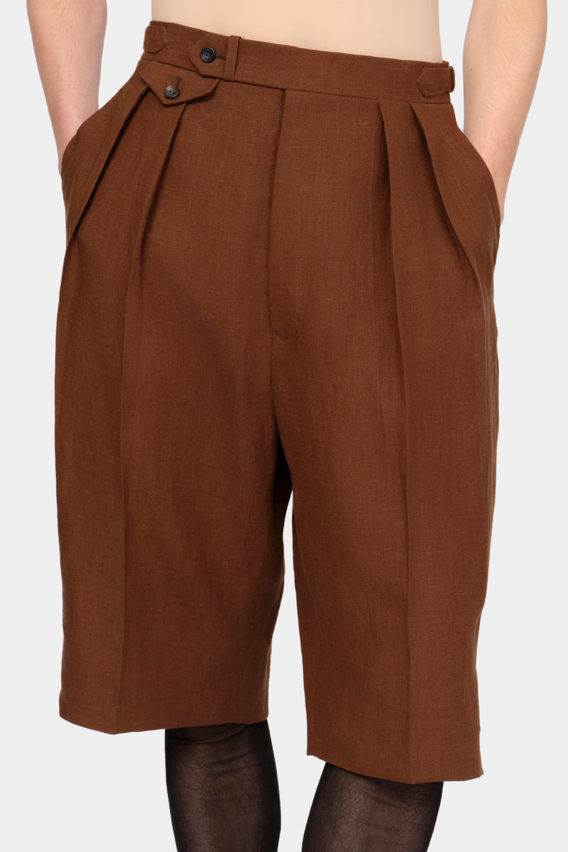 DOUBLE-PLEATED SHORTS in Irish brown linen