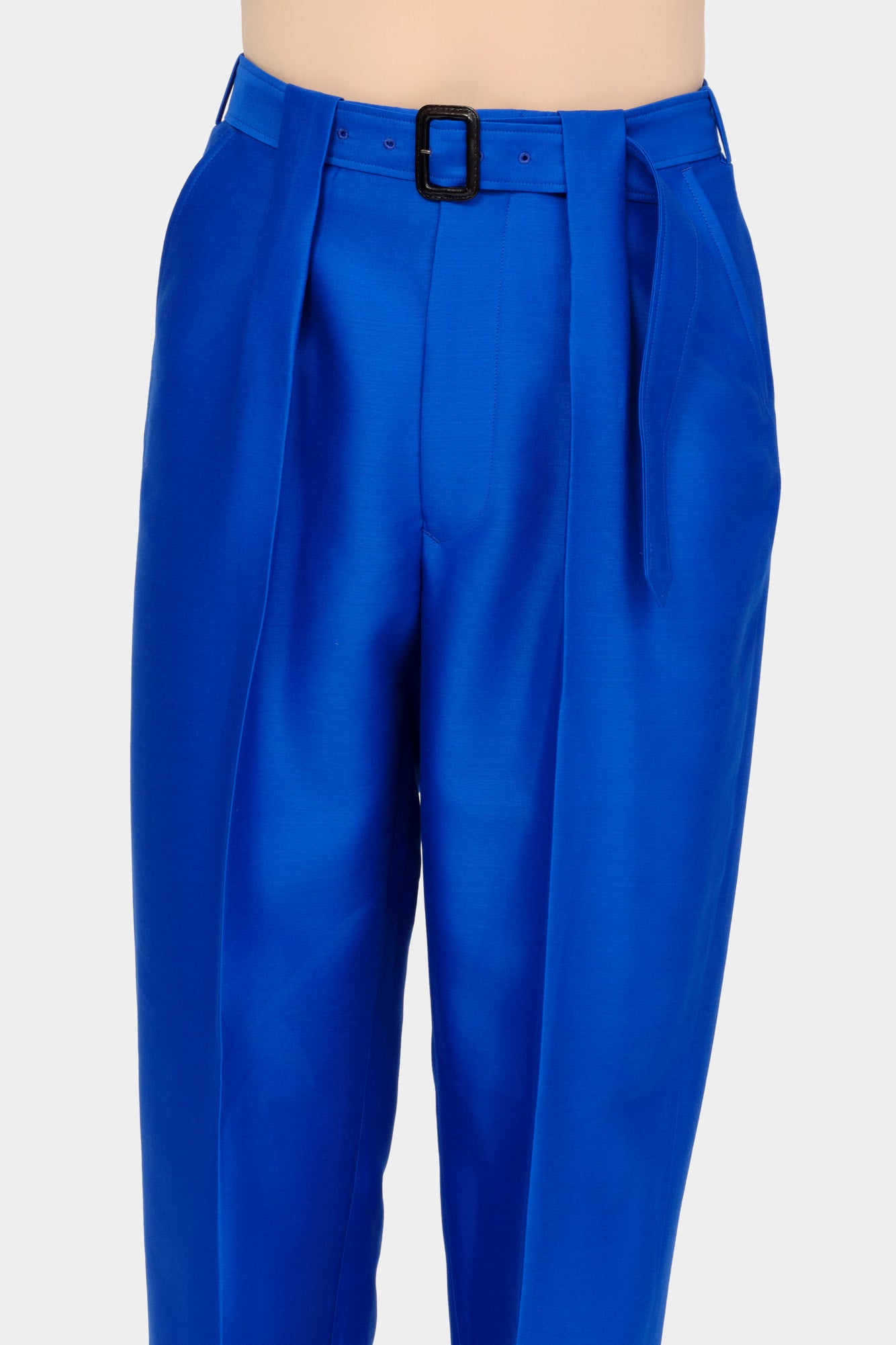 BELTED TAILORED TROUSERS in blue wool-silk mix
