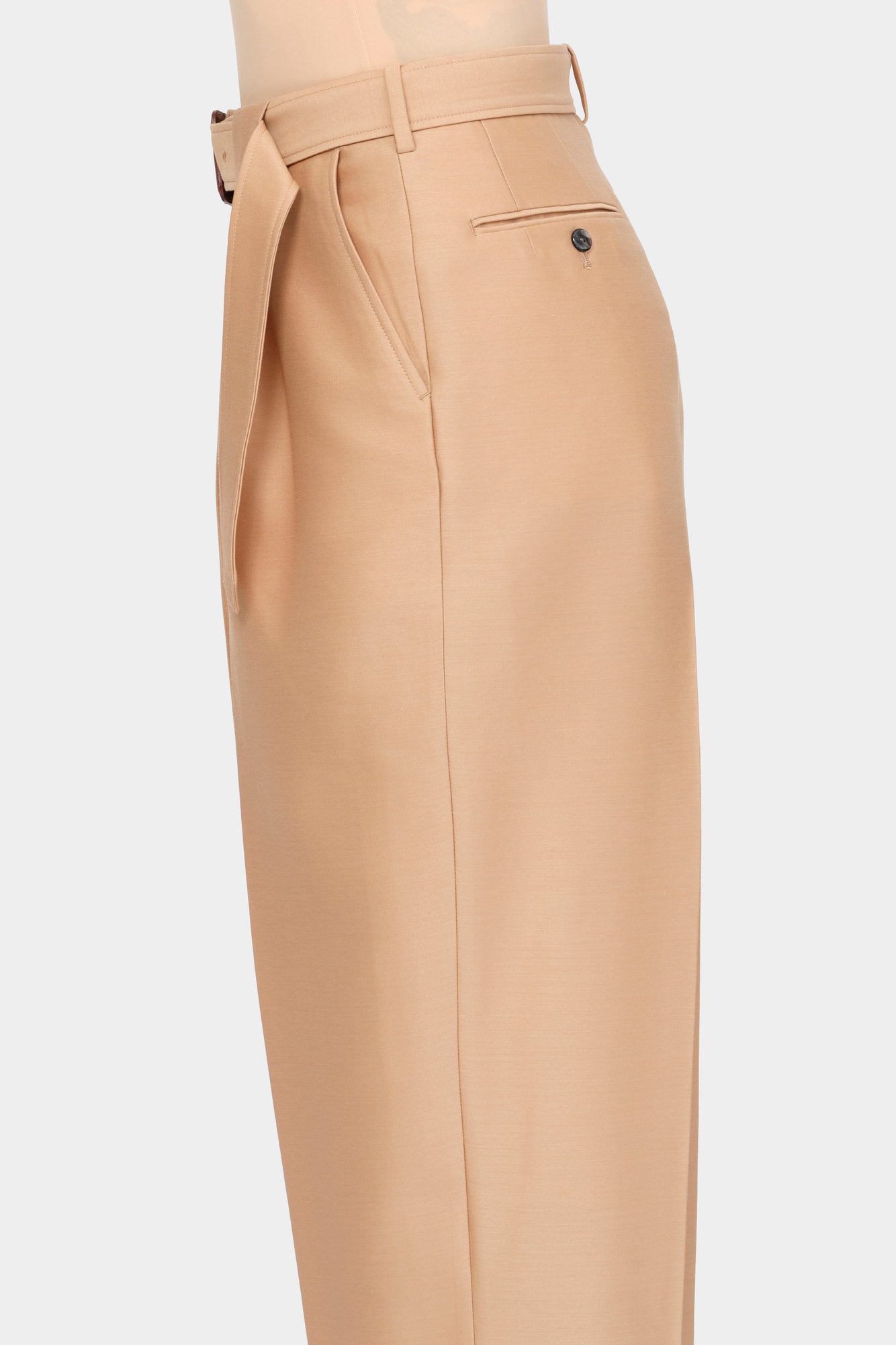 BELTED TAILORED TROUSERS in beige wool-silk mix