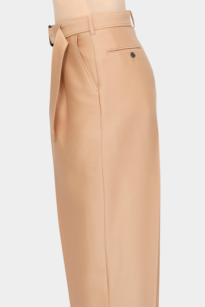 BELTED TAILORED TROUSERS in beige wool-silk mix