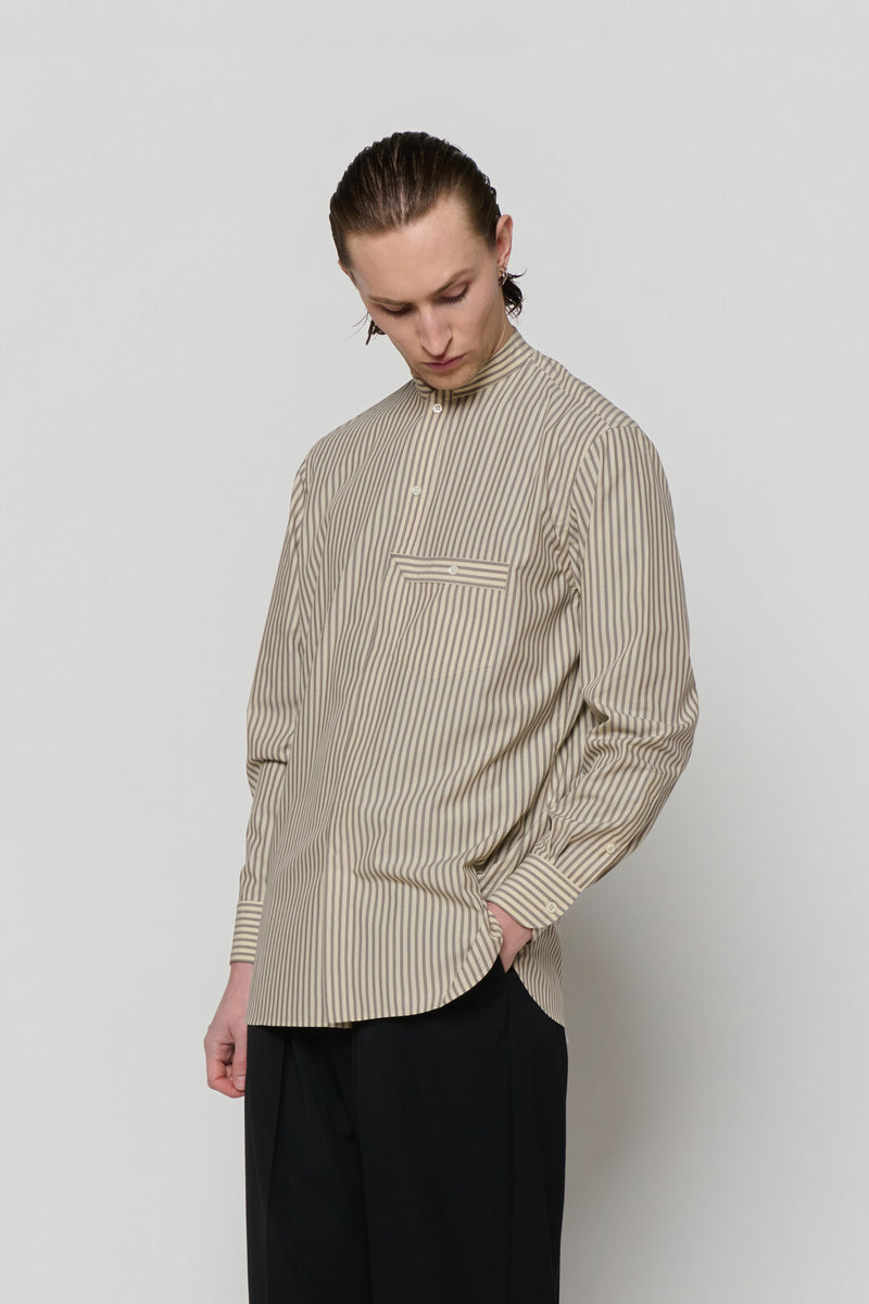 STAND COLLAR SHIRT in beige / grey cotton stripe