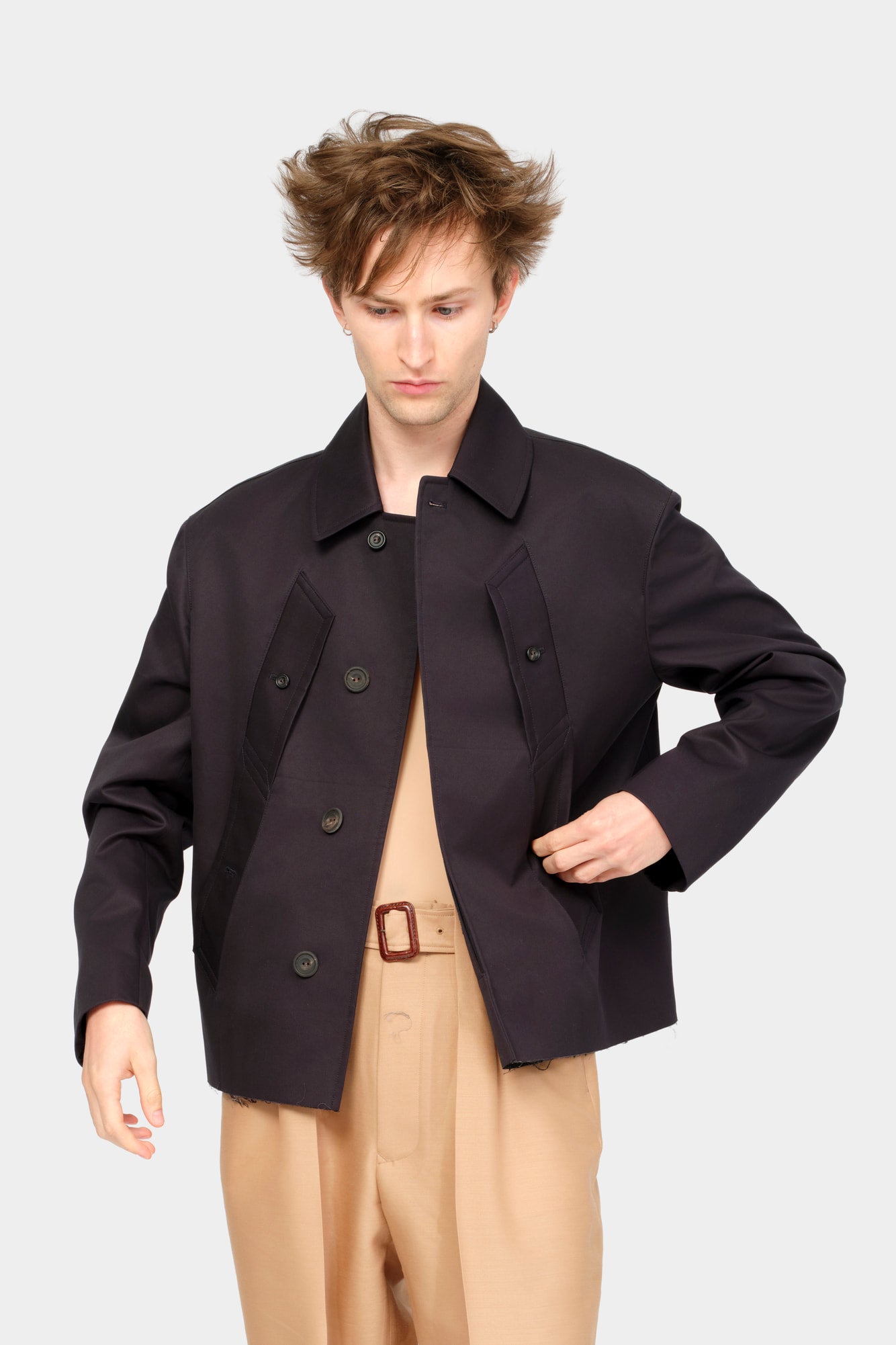 CUT-OFF TRENCH-COAT in blue cotton