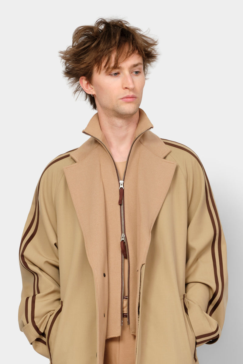 RAGLAN OVERCOAT in wool gabardine with knitted collar