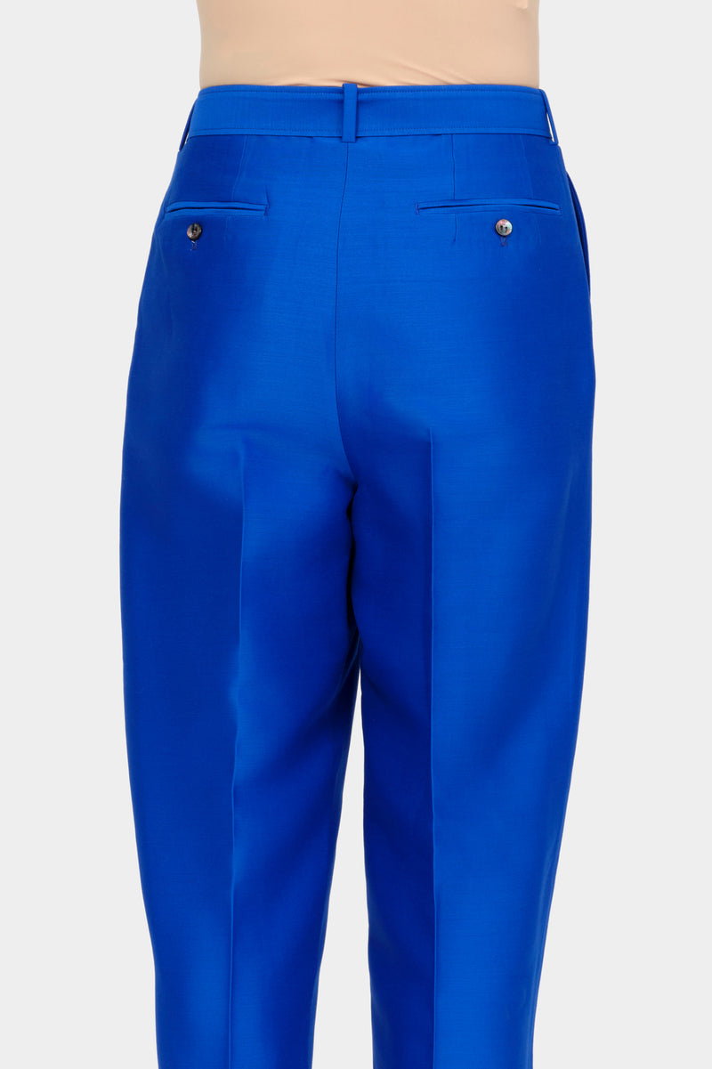 BELTED TAILORED TROUSERS in blue wool-silk mix