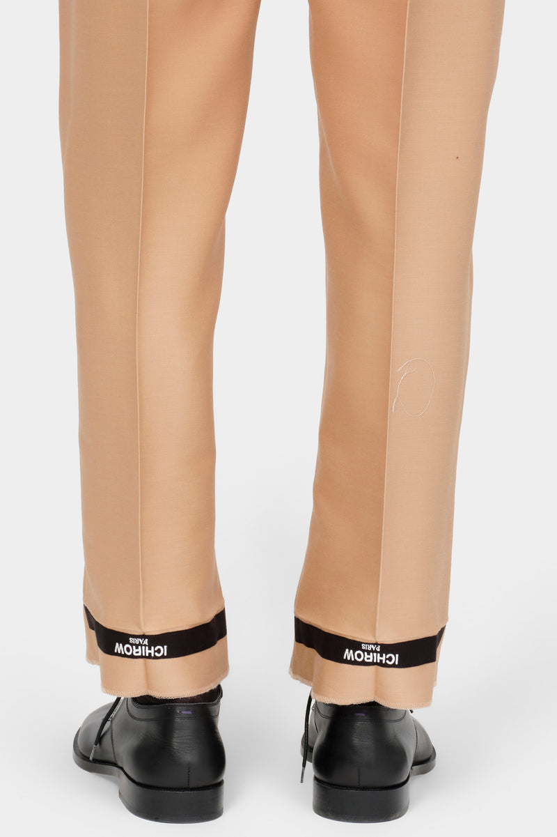 BELTED TAILORED TROUSERS in beige wool-silk mix