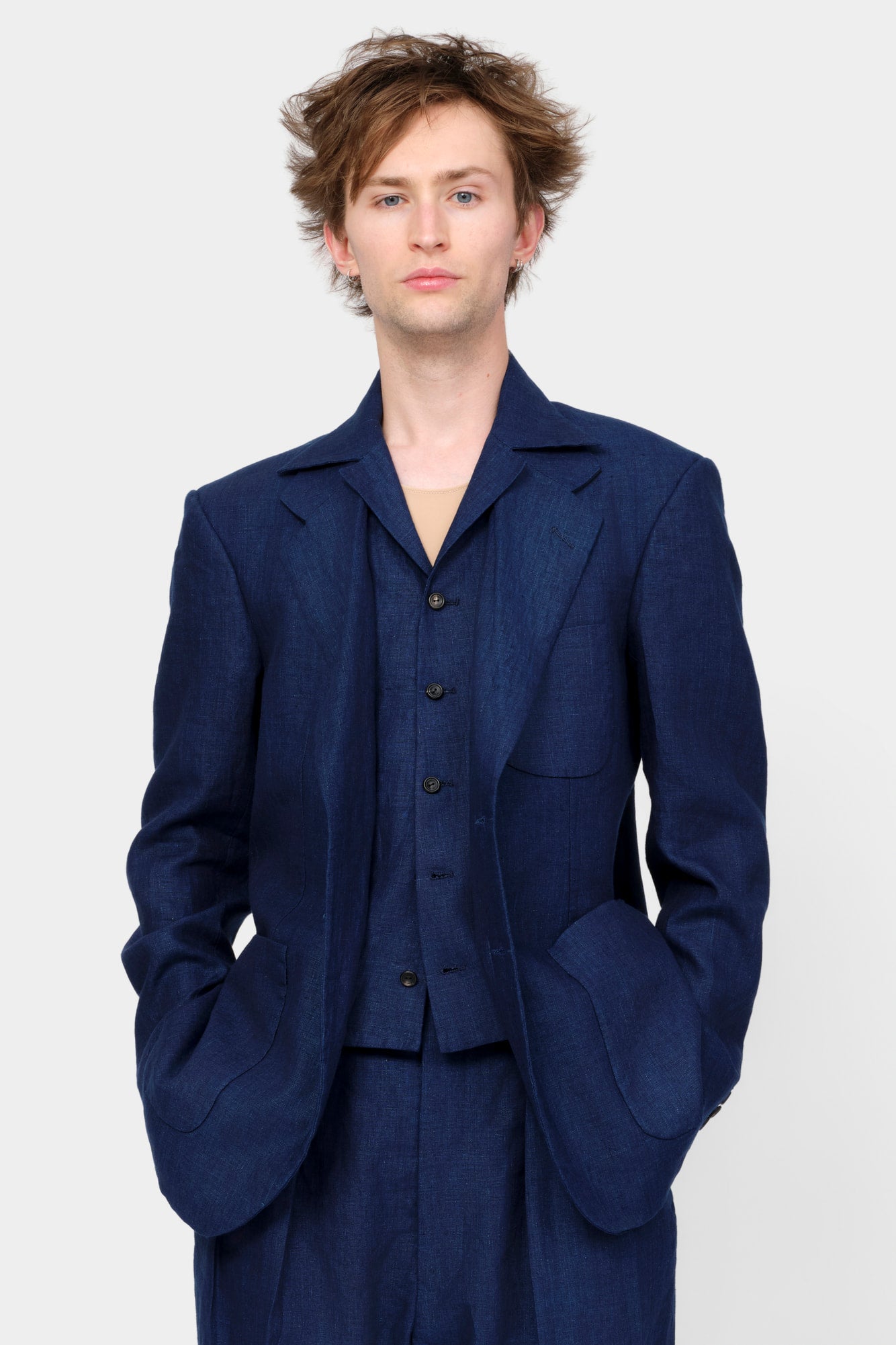 SINGLE-BREASTED JACKET in blue indigo linen