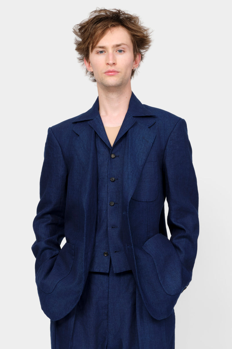 SINGLE-BREASTED JACKET in blue indigo linen