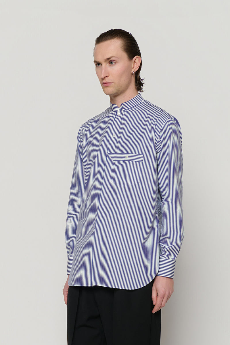STAND COLLAR SHIRT in blue / white cotton stripe