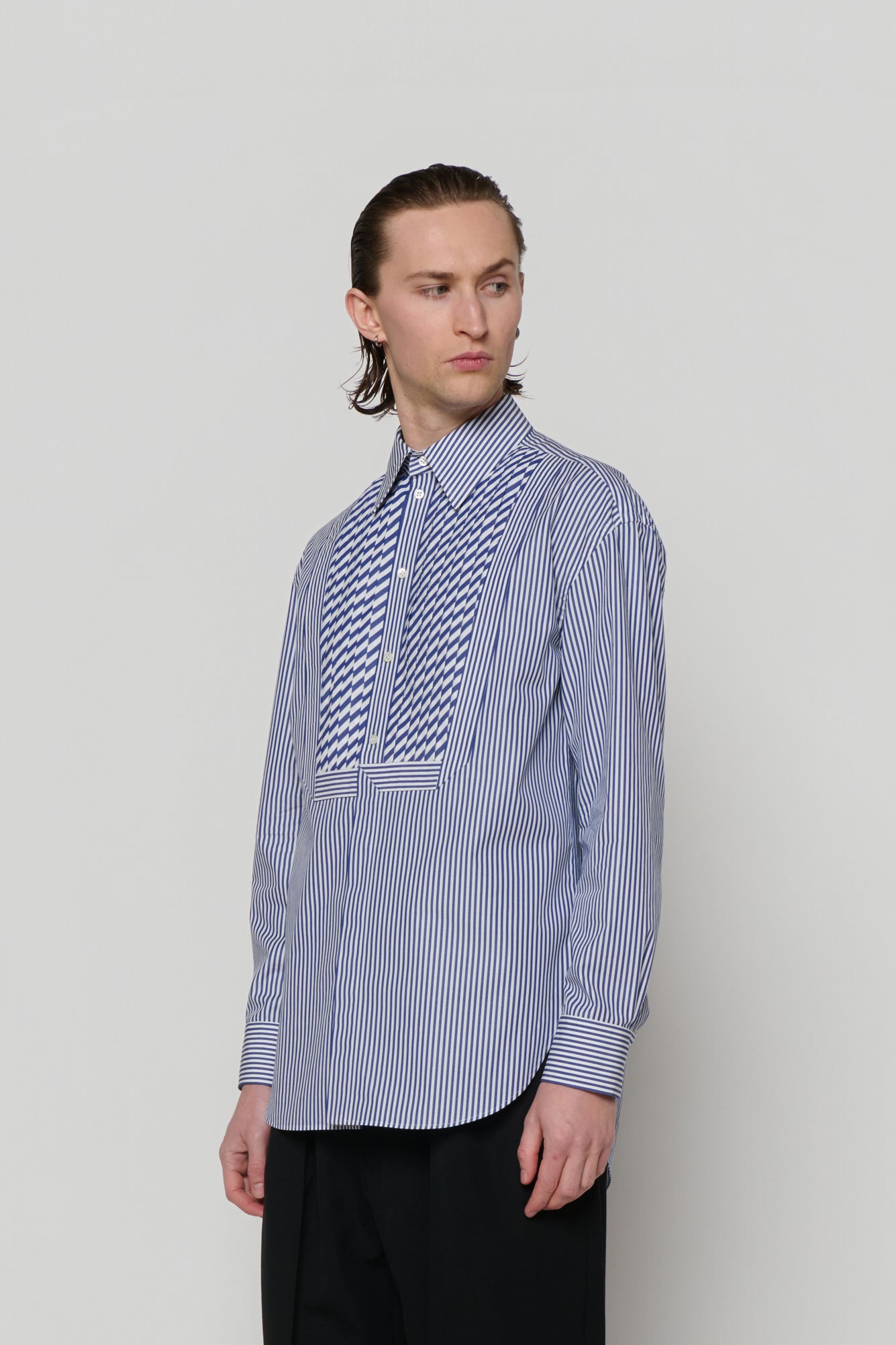 SHIRT WITH PLASTRON in blue / white cotton stripe