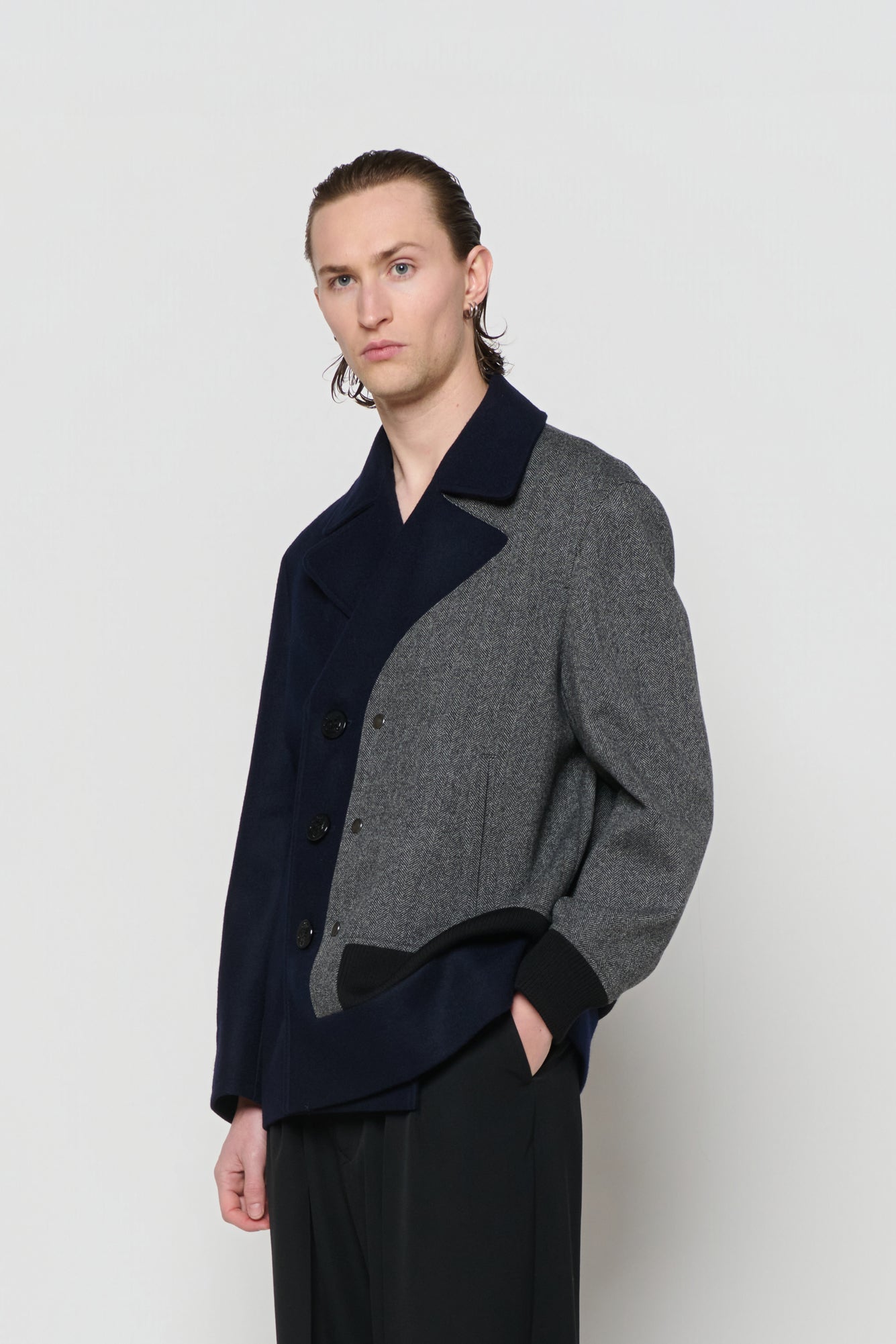 CABAN in blue melton / grey herringbone wool