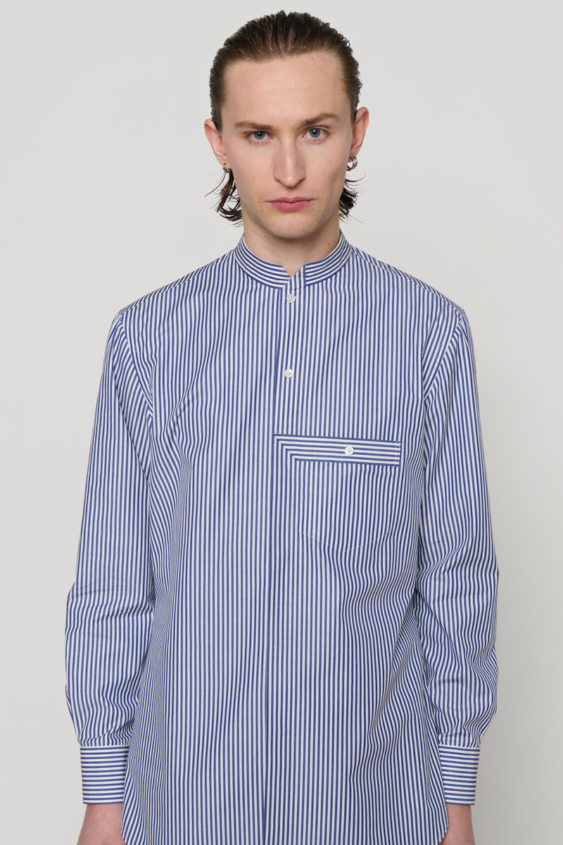 STAND COLLAR SHIRT in blue / white cotton stripe