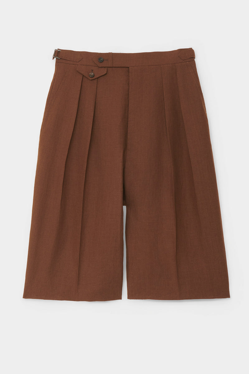 DOUBLE-PLEATED SHORTS in Irish brown linen