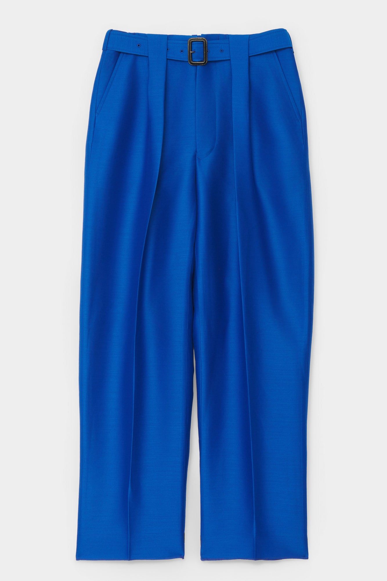 BELTED TAILORED TROUSERS in blue wool-silk mix