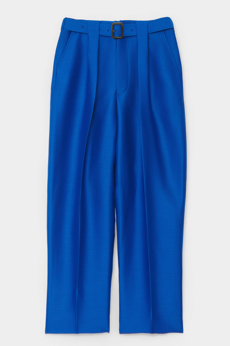 BELTED TAILORED TROUSERS in blue wool-silk mix