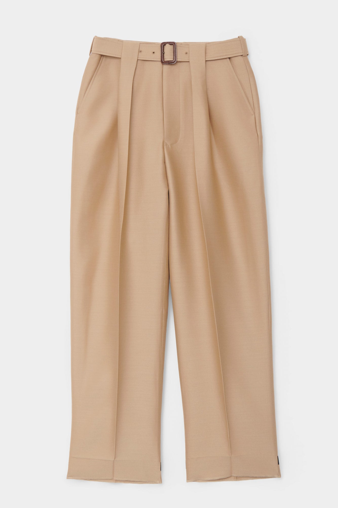 BELTED TAILORED TROUSERS in beige wool-silk mix