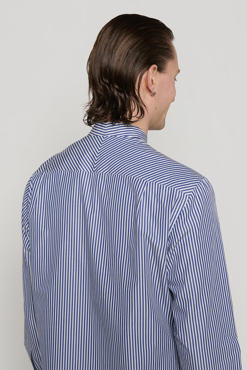STAND COLLAR SHIRT in blue / white cotton stripe