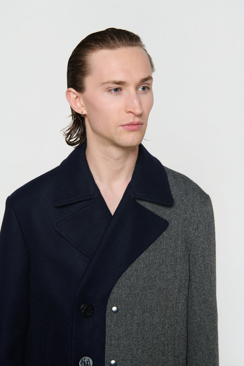 CABAN in blue melton / grey herringbone wool