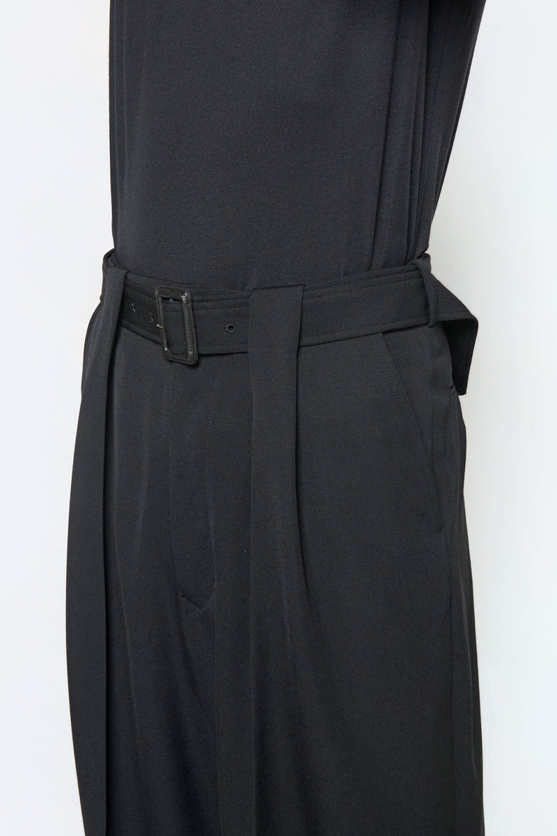 BELTED TAILORED TROUSERS in black wool gabardine