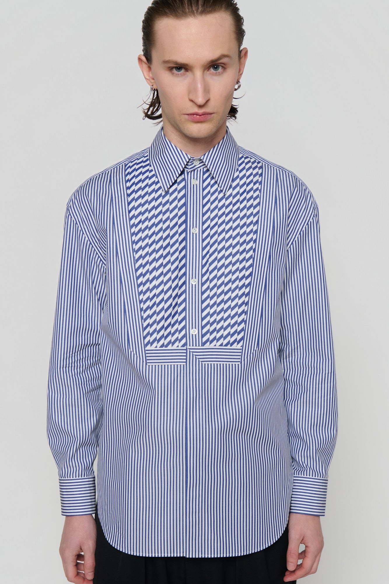SHIRT WITH PLASTRON in blue / white cotton stripe