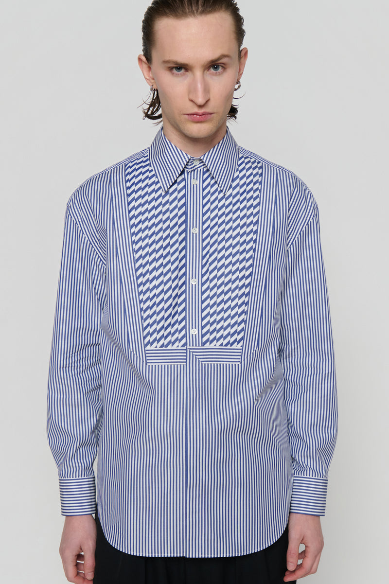 SHIRT WITH PLASTRON in blue / white cotton stripe