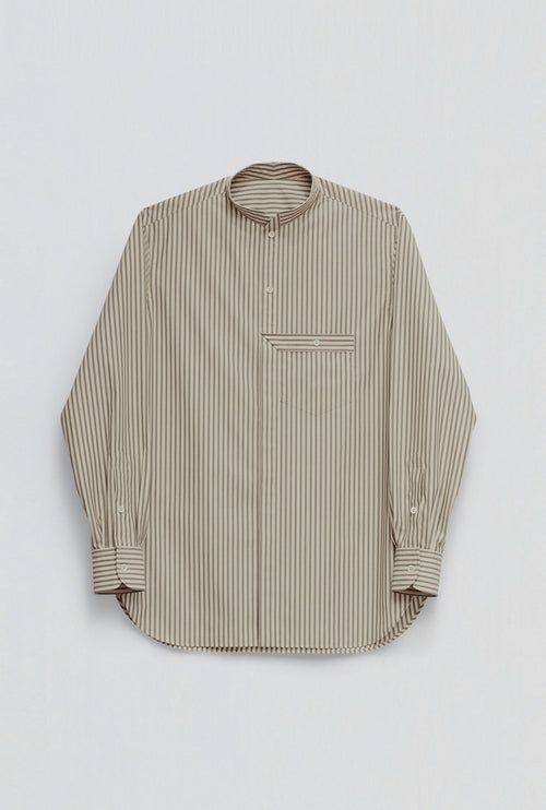STAND COLLAR SHIRT in beige / grey cotton stripe