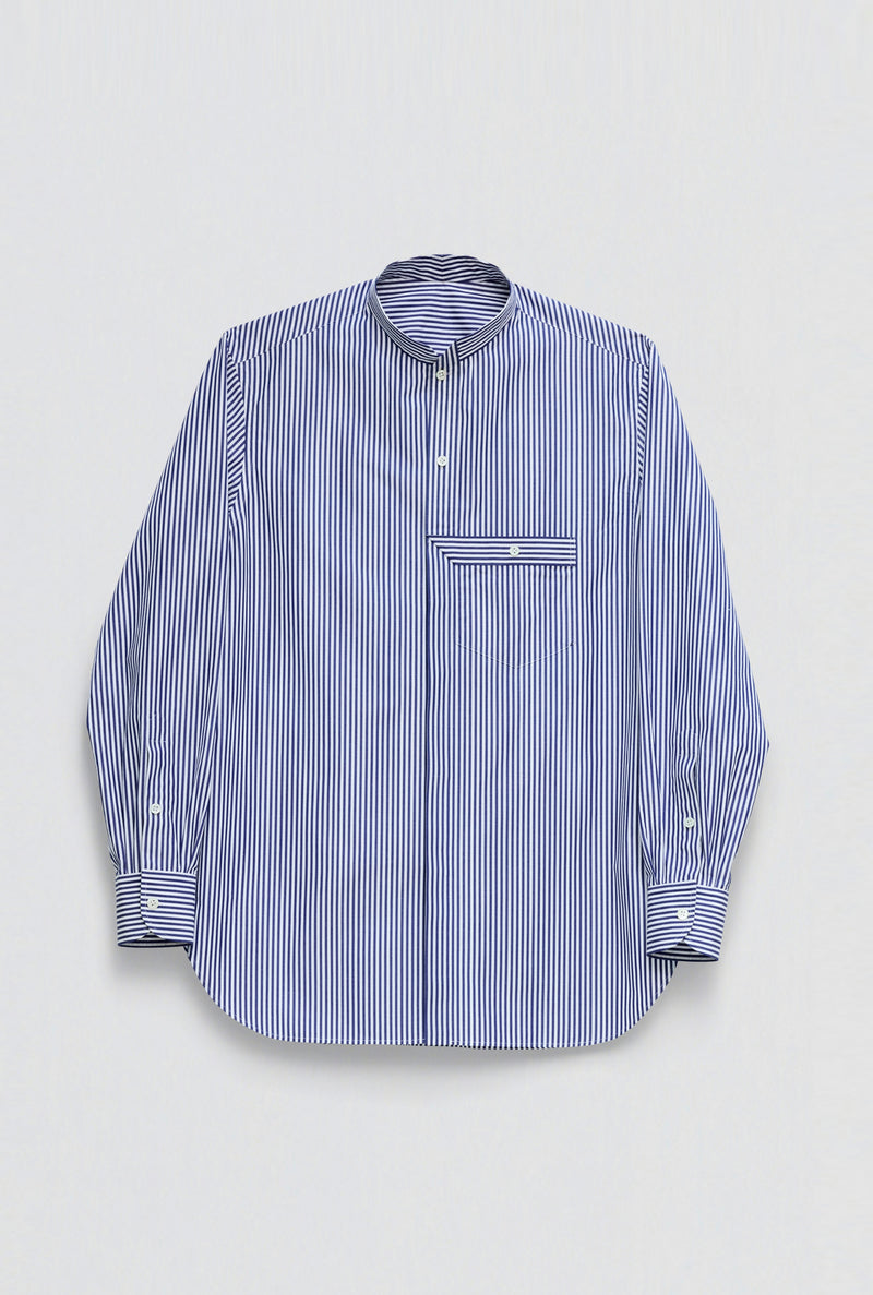 STAND COLLAR SHIRT in blue / white cotton stripe