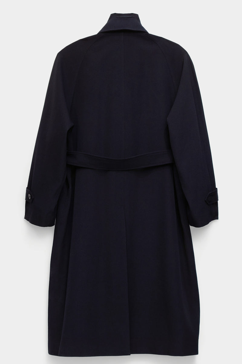 SINGLE-BREASTED RAGLAN OVERCOAT in wool gabardine with knitted collar