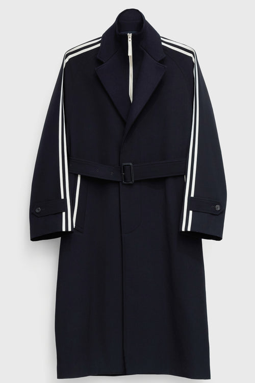 SINGLE-BREASTED RAGLAN OVERCOAT in wool gabardine with knitted collar