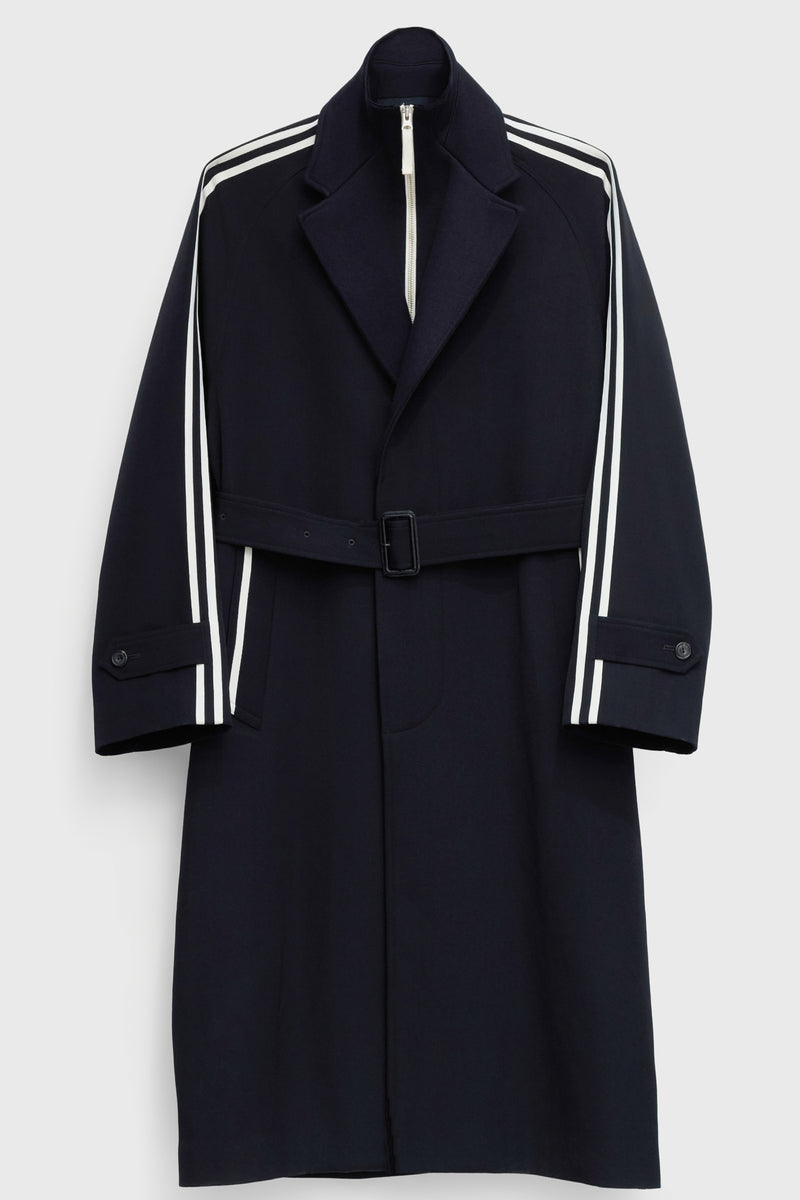 SINGLE-BREASTED RAGLAN OVERCOAT in wool gabardine with knitted collar
